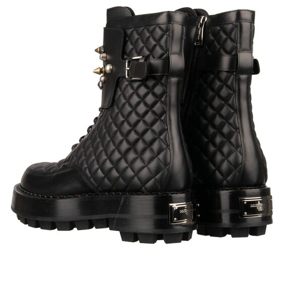 Dolce & Gabbana - Quilted Leather Biker Combat Boots with Logo and Studs Black 4 - Picture 2 of 5
